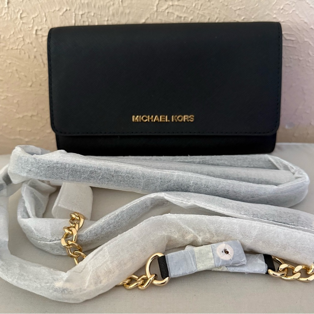 Michael Kors Jet Set Black Pebble Grain Leather Organizer Flap Snap crossbody